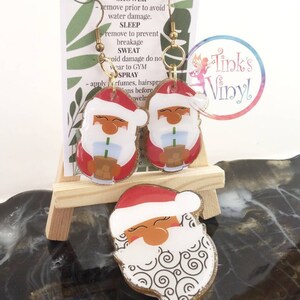 Santa Claus Badge Reel and Earring Set: Glittered Acrylic Jewelry