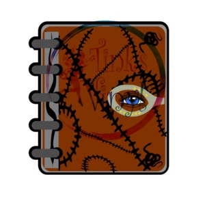 Peut inclure: Un livre brun avec un œil noir et le texte "Tink's World" sur la couverture. Le livre est relié avec une reliure à spirale et a un motif cousu sur la couverture.