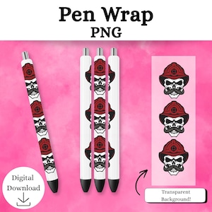 Puede incluir: Un diseño de envoltura de bolígrafo con una calavera de bombero con bigote y casco rojo. El diseño se repite en el bolígrafo y sobre un fondo rosa. También se ven las palabras "Pen Wrap PNG" y "Digital Download".