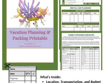Puede incluir: Un imprimible de planificación y embalaje de vacaciones con secciones para la planificación inicial, las necesidades de alquiler de coches y una lista de verificación de embalaje familiar. Incluye una lista de embalaje con artículos como pijamas, pantalones y zapatos. Presenta un gráfico floral.