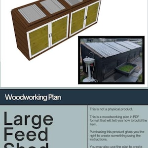 Könnte beinhalten: PDF-Holzbauplan für einen großen Futterschuppen. Das Bild zeigt eine 3D-Modellierung des Schuppens mit braunem Rahmen, grünen Türen und einem Dach aus Wellblech. Der Text "Large Feed Shed" ist zu sehen.