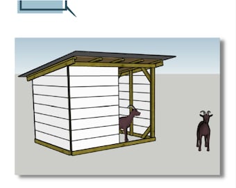 May include: Illustration of a goat house plan with the text "How to Build a Goat House" and the website DIYDanielle.com. The goat house is white with a brown roof and frame. Two goats are also shown.