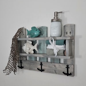 Nautical Bathroom Shelf -coastal bathroom shelf with anchor hooks-reclaimed wood shelf-pallet wood shelf-coastal shelves-bathroom shelves