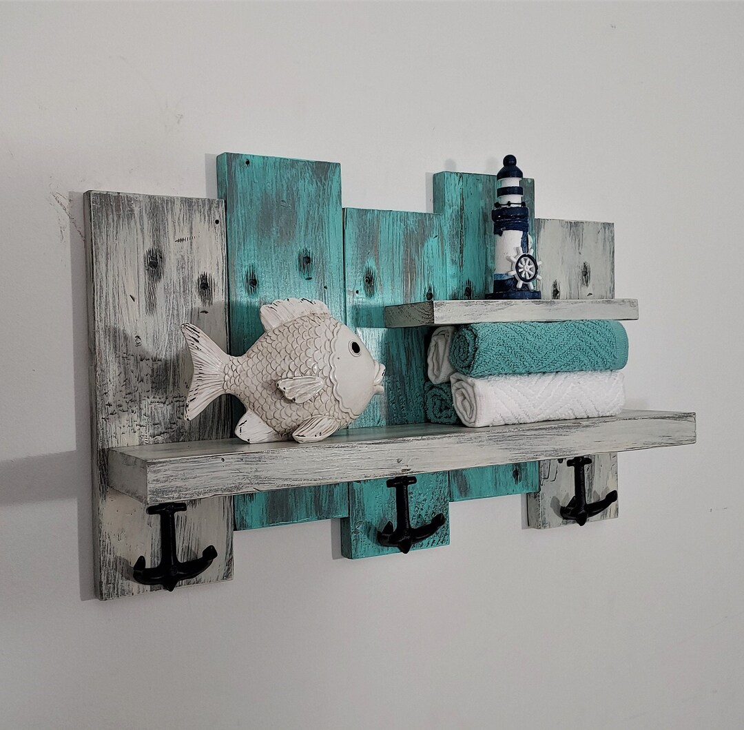 Nautical Bathroom Shelf coastal Bathroom Shelf With Anchor Hooks