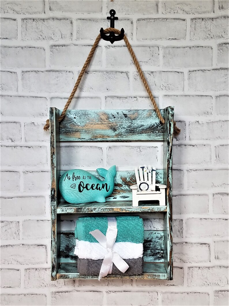 Coastal Shelf Nautical Decor Rustic Hanging Shelf Coastal Etsy
