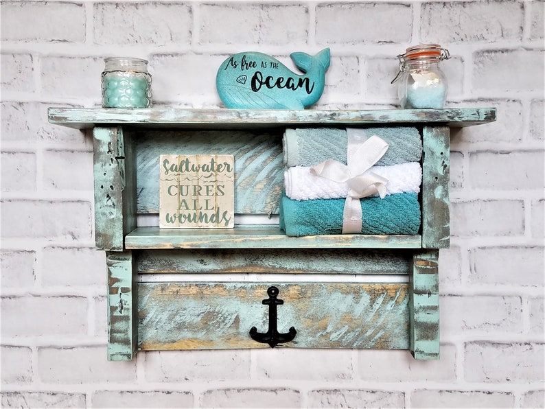 Nautical Bathroom Shelf Coastal Bathroom Shelf Anchor Hook Etsy