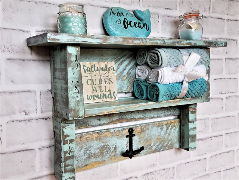 Nautical Bathroom Shelf Coastal Bathroom Shelf Anchor Hook Etsy