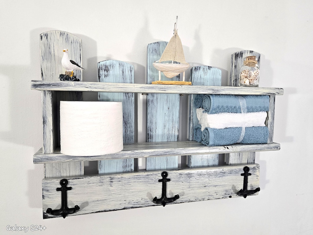Reclaimed Wood Nautical Bathroom Shelf With Anchor Hooks - Etsy