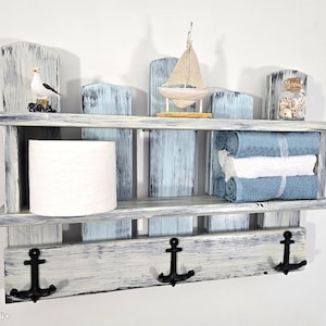 Nautical Bathroom Shelf- Coastal Bathroom Shelf with Anchor Hook-Reclaimed Wood Shelf- Pallet Wood Shelf-Rustic Bathroom Shelf