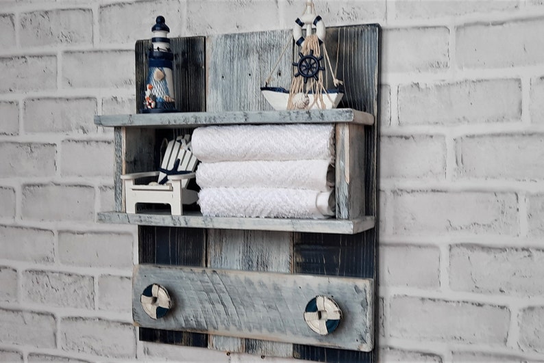 Nautical Bathroom Shelf coastal bathroom shelf with Life Preserver  hooks-reclaimed wood shelf-pallet wood shelf