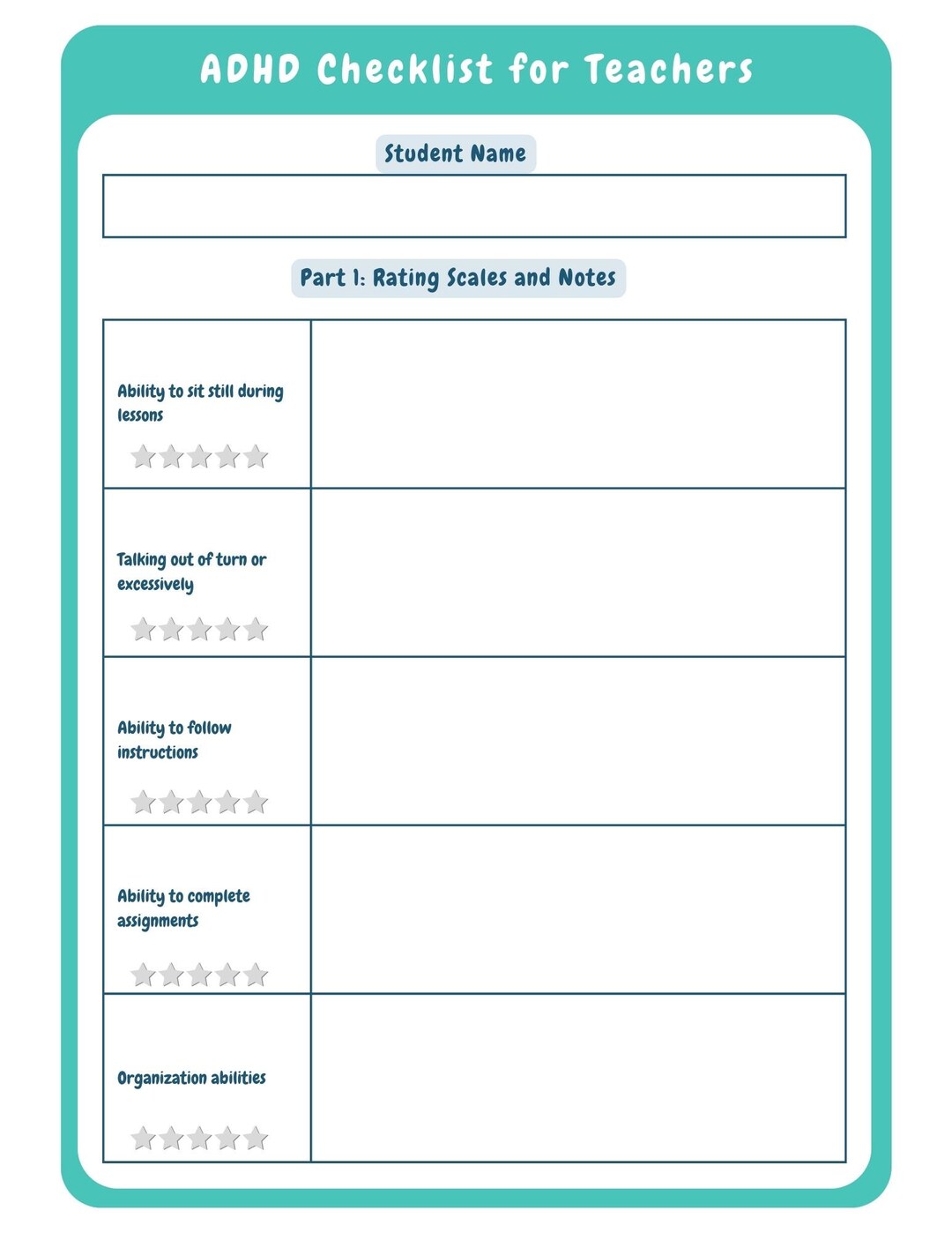 ADHD Checklist for Teachers - Teacher Forms - Mental Health Forms - Etsy