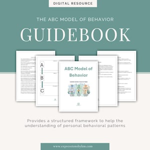 Könnte beinhalten: Ein digitales Handbuch mit dem Titel "The ABC Model of Behavior" in Türkis und Weiß. Das Cover des Handbuchs ist sichtbar, zusammen mit mehreren offenen Seiten. Der Text "Provides a structured framework to help the understanding of personal behavioral patterns" ist ebenfalls sichtbar.