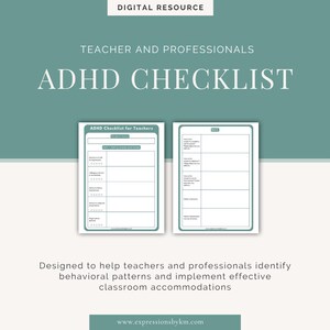 Puede incluir: Un recurso digital turquesa y blanco titulado "ADHD CHECKLIST" para profesores y profesionales. La imagen incluye dos listas de verificación con el texto "ADHD Checklist for Teachers" y "Part 1: Rating Scales and Items". La parte inferior de la imagen dice "Diseñado para ayudar a profesores y profesionales a identificar patrones de comportamiento e implementar adaptaciones efectivas en el aula."