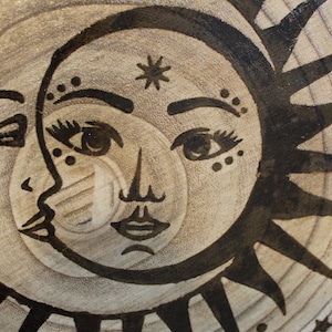 Burned Wood Slice: Celestial Lovers, Sun, Moon, Stars (13 inch Round)