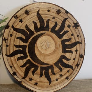 Wood Burned Celestial Wall Art: Sun, Moon, Stars - Live Edge Slice