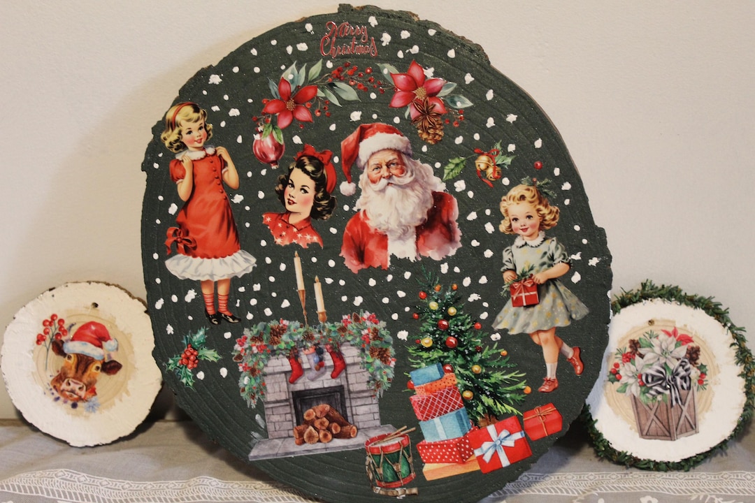 Santa Retro Rounds Vintage 12-inch Christmas Wood Round Featuring Santa and Friends. - Etsy