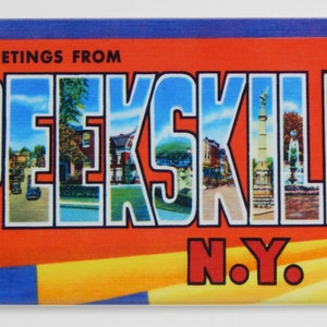 May include: A vintage postcard with a red background and blue and yellow borders. The text "Greetings from Peekskill N.Y." is printed in bold white letters. The word "Peekskill" is made up of images of the town.