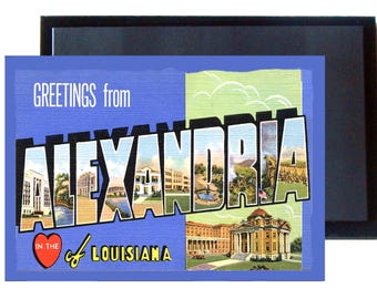 Imán para refrigerador "Saludos desde Alejandría, Luisiana" (estilo madera)