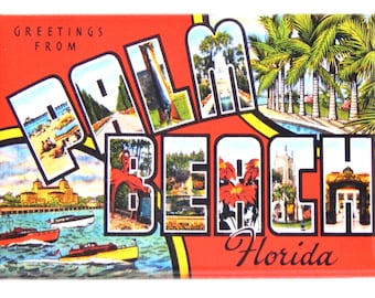 May include: A vintage postcard with a red background and the text "Greetings from Palm Beach, Florida". The postcard features images of palm trees, boats, and buildings.
