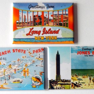 May include: Three vintage postcard magnets featuring images of Jones Beach, Long Island, New York. The top magnet features a colorful postcard with the text "Greetings From Jones Beach Long Island NEW YORK". The middle magnet features a map of Jones Beach State Park with the text "Greetings from JONES BEACH STATE PARK Long Island NY". The bottom magnet features a photo of the beach with the text "Greetings From JONES BEACH Long Island, N.Y."