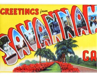 May include: A yellow postcard with red lettering that says "Greetings from Savannah, GA". The postcard features a scenic view of a street lined with palm trees and red flowers.