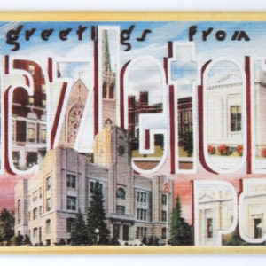 Puede incluir: Postal vintage con el texto "Greetings from Hazleton, Pa." y una imagen colorida de edificios de la ciudad.