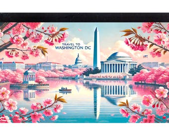 Può includere: Una cartolina vintage con una vista panoramica di Washington, D.C. con il Washington Monument, il Jefferson Memorial e ciliegi in fiore. Il testo sulla cartolina recita "Travel to Washington DC."