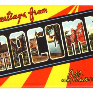May include: A vintage postcard with a red, yellow, and white striped background. The postcard says "Greetings from Macomb, Illinois". The word "Macomb" is in large, black letters with images of buildings and a lake behind each letter.