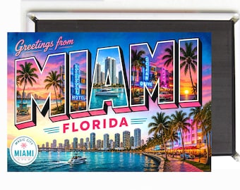 May include: Miami, Florida souvenir magnet featuring a vintage postcard design. The image showcases a vibrant sunset over the city, palm trees, and the text "Greetings from Miami Florida". The magnet includes a cityscape and a boat on the water.