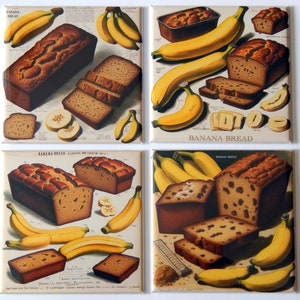 May include: Four vintage-style illustrations of banana bread recipes. Each illustration features a loaf of banana bread, sliced banana bread, and bananas. The illustrations are in a retro style with a brown background and yellow and brown colours. The text on the illustrations reads "Banana Bread".