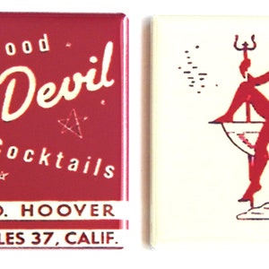 May include: Two vintage red and white ceramic tiles. The first tile has the text "Fine Food Red Devil Cocktails 4400 SO. HOOVER LOS ANGELES 37, CALIF." The second tile has a red devil sitting on a martini glass.