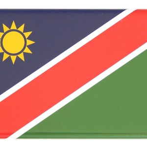 May include: A rectangular flag of Namibia. The flag is divided diagonally from the upper hoist-side corner to the lower fly-side corner. The upper triangle is blue with a yellow sun in the center. The lower triangle is divided into two equal horizontal stripes of red and green.