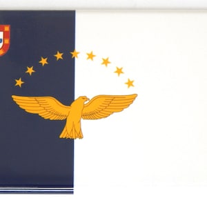 May include: A blue and white flag with a yellow eagle and a circle of stars. The flag also features a red and white coat of arms.