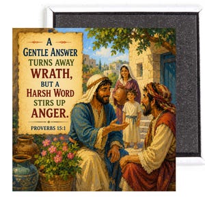 May include: A square magnet with a biblical illustration. The text reads "A Gentle Answer Turns Away Wrath, But a Harsh Word Stirs Up Anger. Proverbs 15:1." The image shows figures in traditional clothing, set in a village scene.