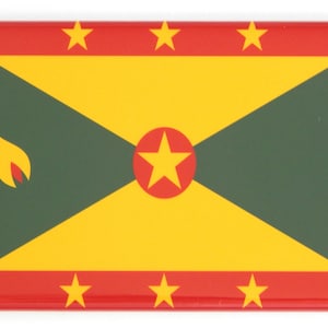 Peut inclure: Un drapeau rouge, jaune et vert avec une bande jaune diagonale et un cercle rouge avec une étoile jaune au centre. Il y a cinq étoiles jaunes sur la bordure rouge du drapeau.