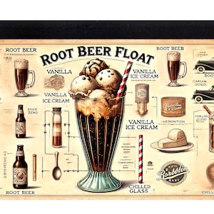 Puede incluir: Una ilustración de estilo vintage que muestra los ingredientes y los pasos para hacer un float de cerveza de raíz. La ilustración presenta un vaso de float de cerveza de raíz con helado de vainilla, una botella de cerveza de raíz, un vaso de cerveza de raíz y un vaso frío. El texto "Root Beer Float" está escrito en una fuente grande en la parte superior de la ilustración.