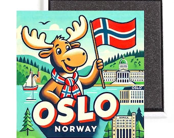 Oslo Norway Travel Souvenir Fridge Magnet (Moose and Flag)