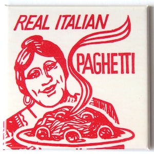 May include: A red and white illustration of a woman holding a plate of spaghetti with the text "REAL ITALIAN PAGHETTI" above her.