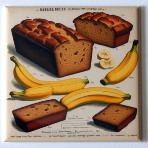 May include: Vintage illustration of banana bread with a recipe on the bottom. The image features three slices of banana bread, three bananas, and the text "Banana Bread" in a vintage font.