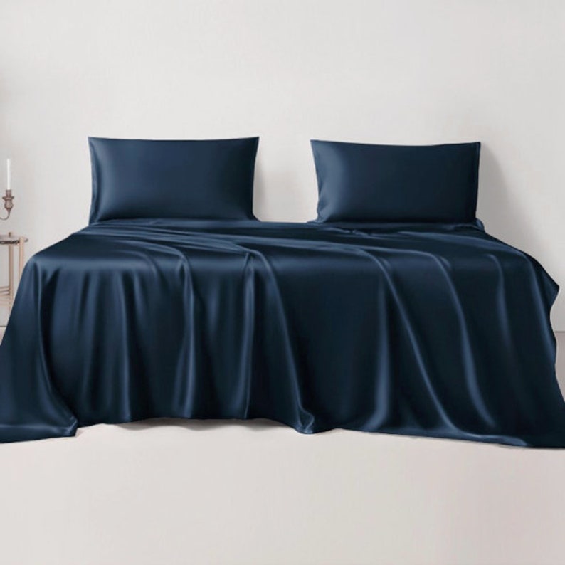 100% Organic Bamboo Sheets Set with Fitted Sheets, Flat Sheet and Pillowcases, Cooling Bamboo Silk Soft Bedding Set, Christmas Gift for Her Navy Blue