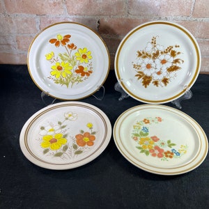Mismatched Vintage Japanese Stoneware Floral Dinner Plate Set (4 Plates)