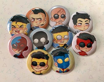 May include: Set of ten 1-inch button badges featuring various cartoon characters with different expressions and hairstyles. The characters are drawn in a colourful anime style.