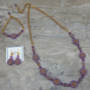 3 piece Purple-Gold Czech Glass Flower Jewelry Set: Floral Necklace, Bracelet & Earrings