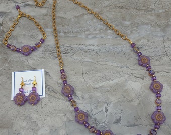 3 piece Purple-Gold Czech Glass Flower Jewelry Set: Floral Necklace, Bracelet & Earrings