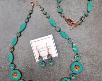 3 piece Czech Glass Floral Jewelry Set: Turquoise Green Necklace, Bracelet & Earrings