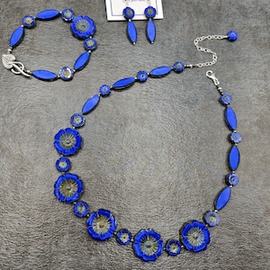 3 piece Bright Blue Hibiscus Czech Glass Necklace Set: Sterling Silver Flower Jewelry