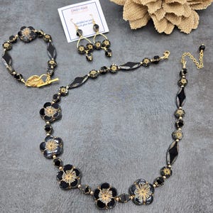 3 pc Black and Gold Jewelry set: Czech glass flower necklace, bracelet, and earrings