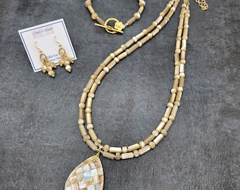 3 pc set, Gold Lip Shell Pendant and Mother of Pearl Beads, Gold-filled Components