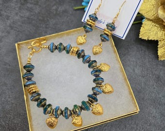 Czech Glass Blue/Teal/Gold Saturn Bead Bracelet & Earring Set: Gold-Plated Heart Charms