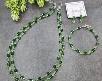 3 piece Swarovski crystal & Czech glass jewelry set, Peridot crystal-Emerald fire-polished bead jewelry